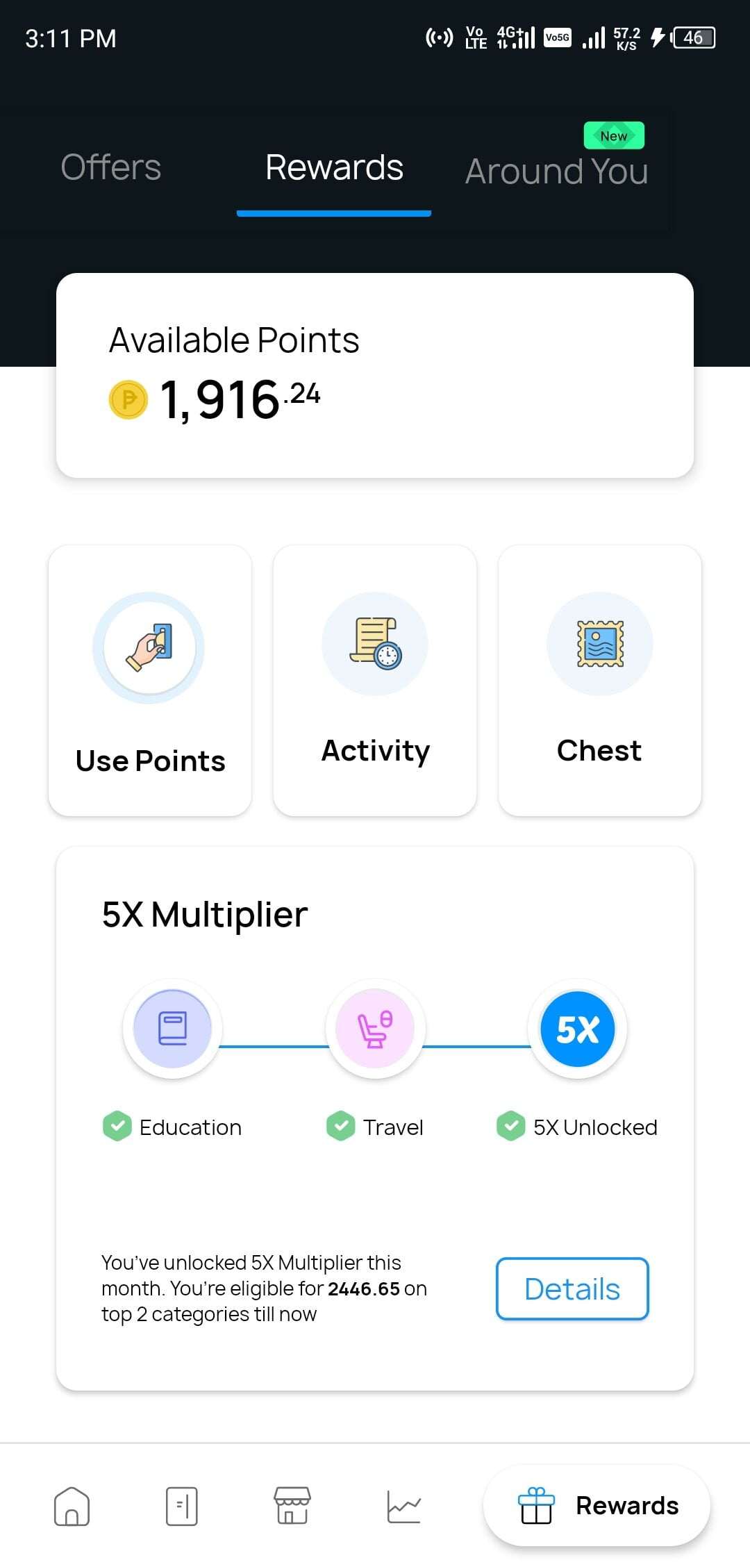 Screenshot showing 5x rewards earned on purchases using One Card